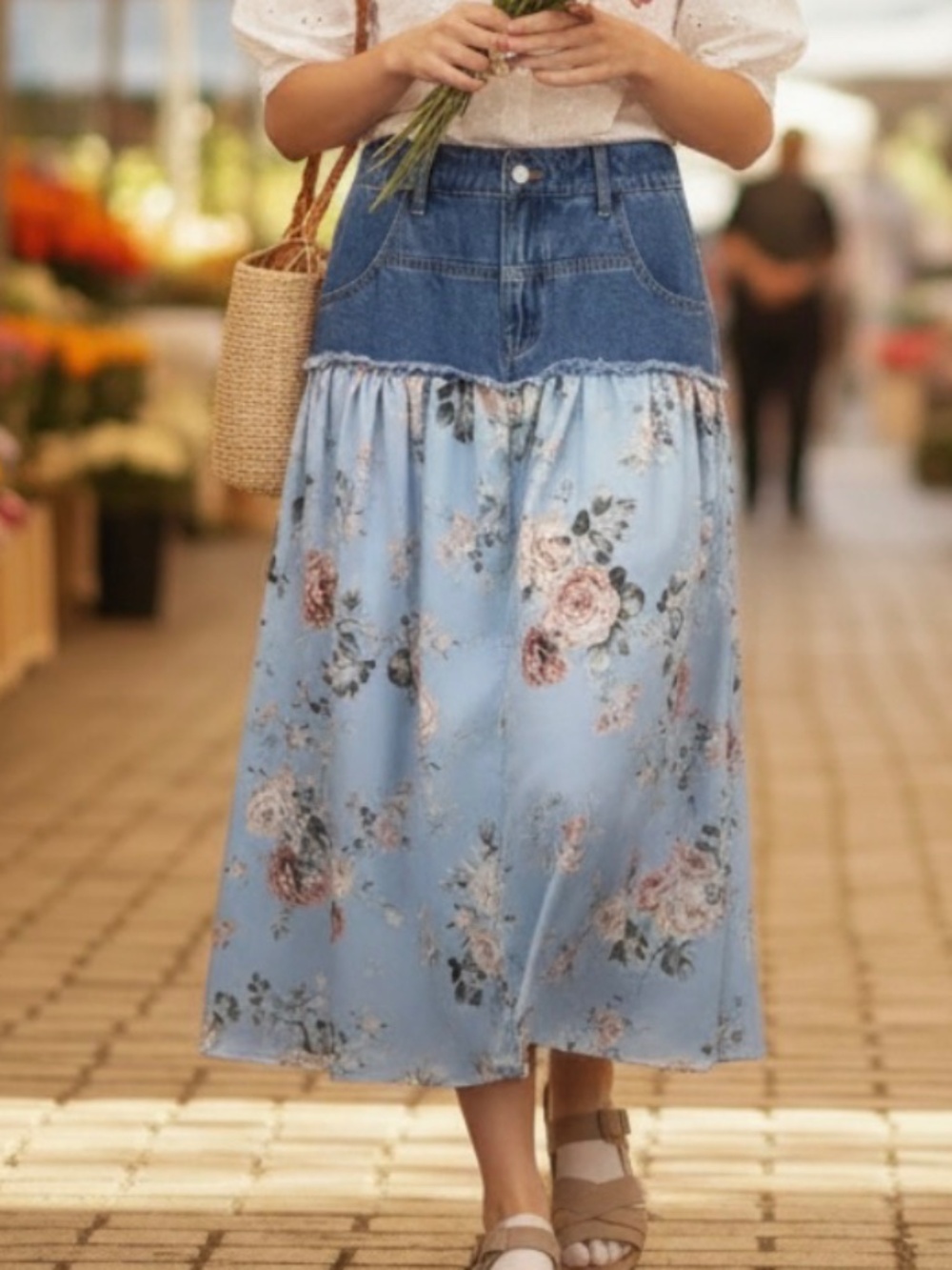 Boho Medium Wash floral Print Flowy Skirt - Picture 2 of 5